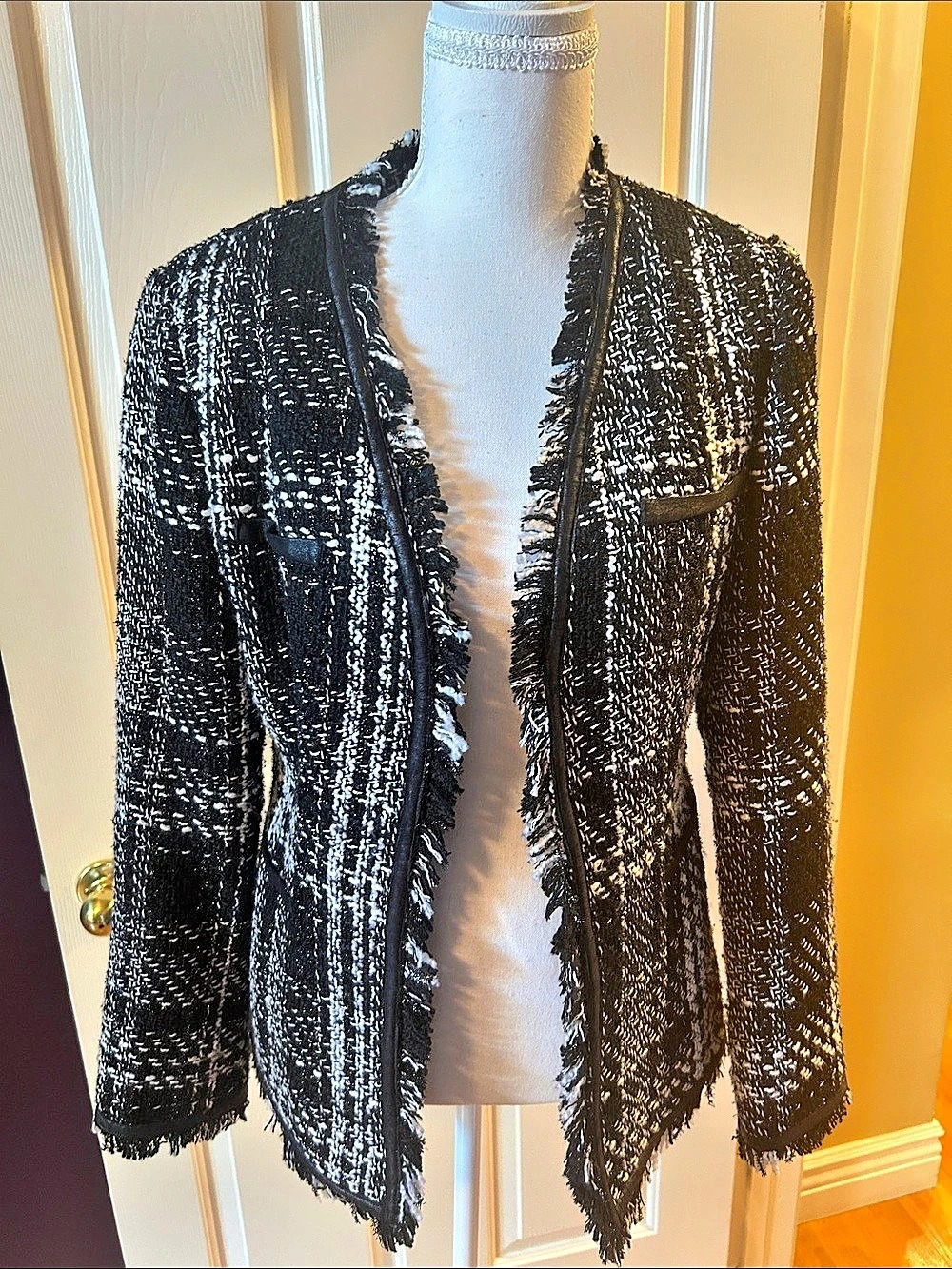 Women's Black & White Plaid Fringe Jacket Like New